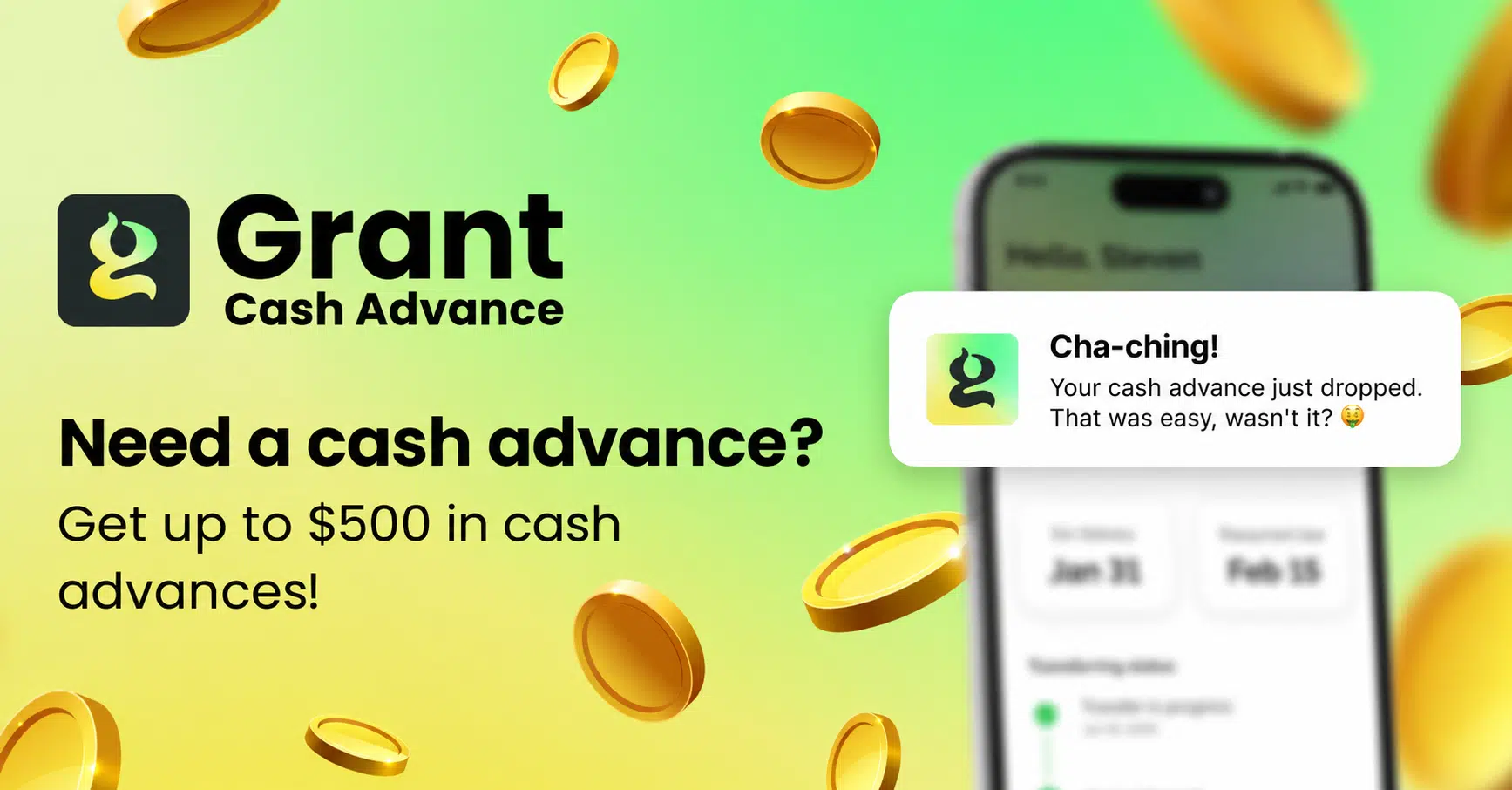 Grant Cash Advance app banner showing advances up to $500