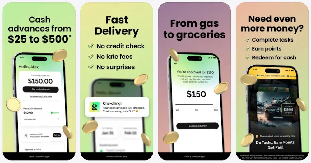 Grant app screens showing cash advances from $25 to $500, no credit check, and the Earn Cash feature