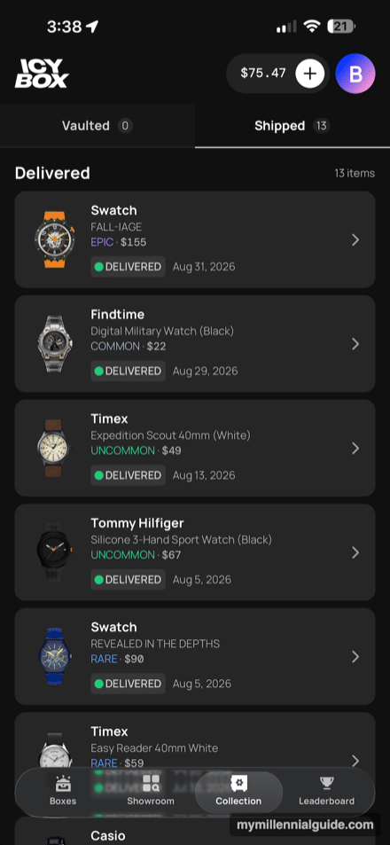 IcyBox app collection screen showing 13 delivered watches with rarity grades and values