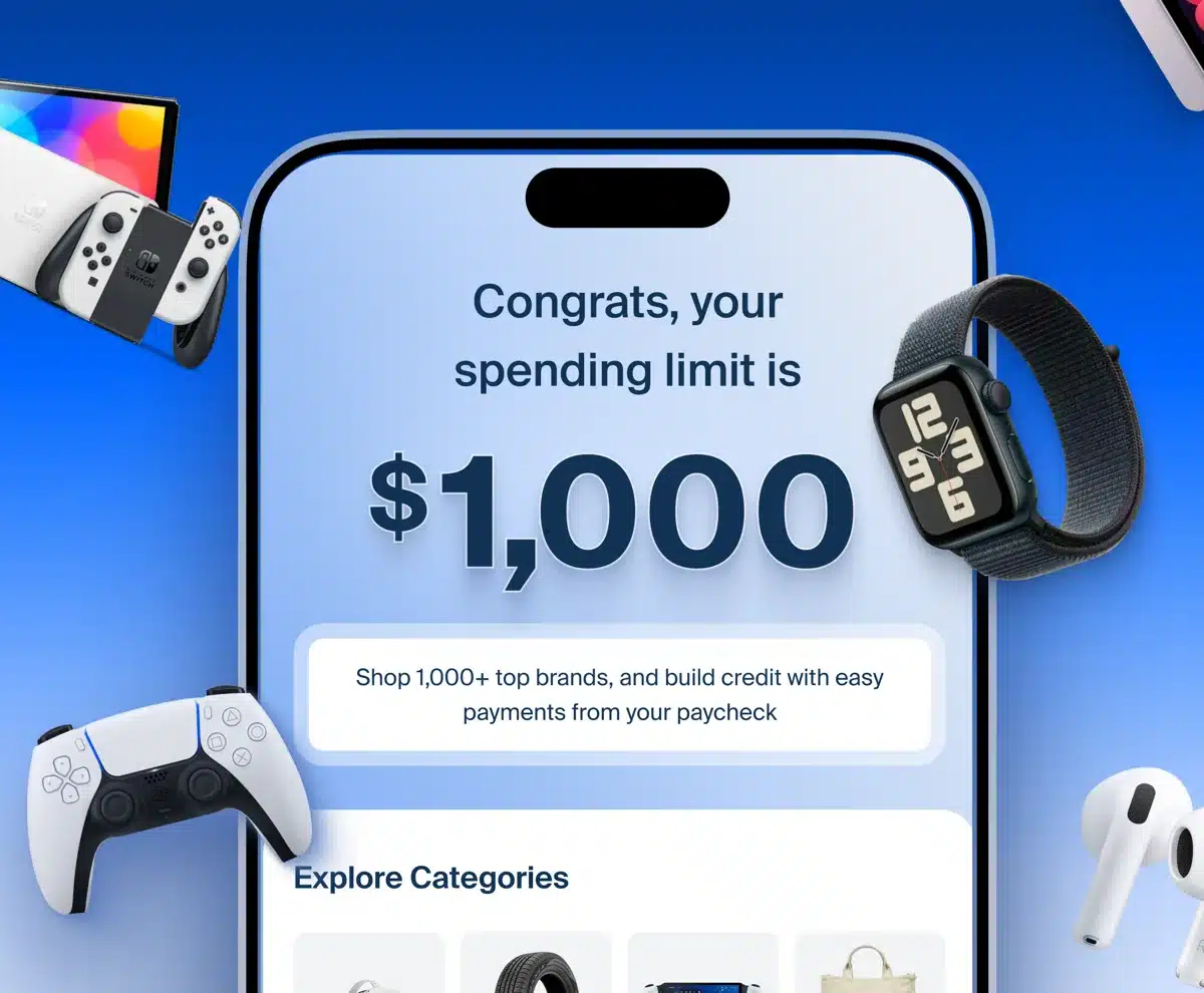 Perpay app screen showing a $1,000 spending limit surrounded by electronics
