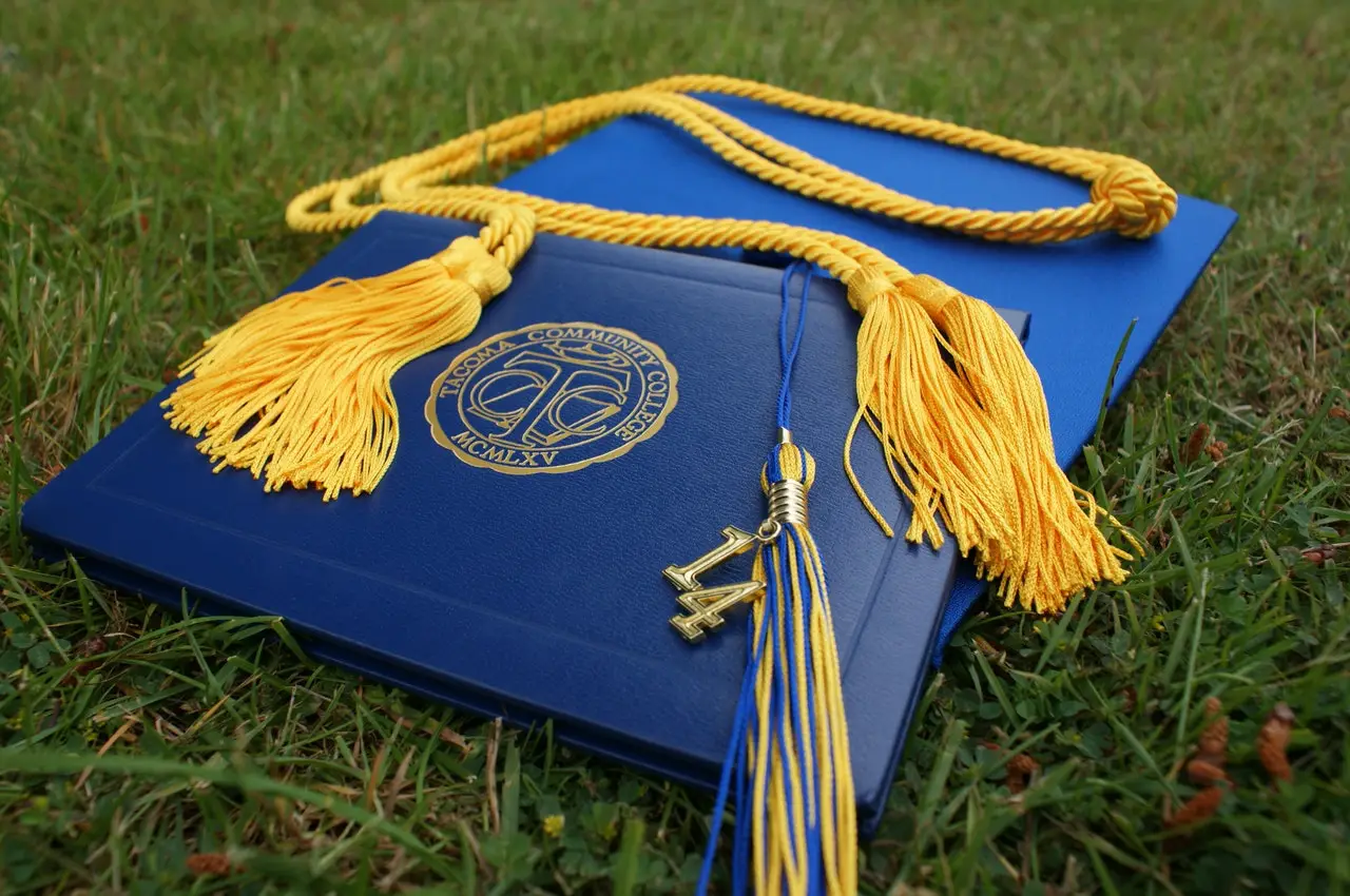 Graduation cap and diploma on top of grass