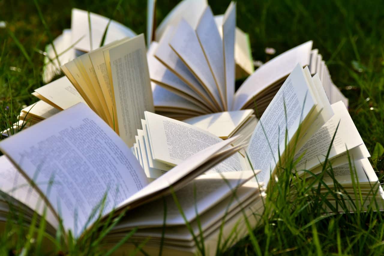 Books laying down on top of grass