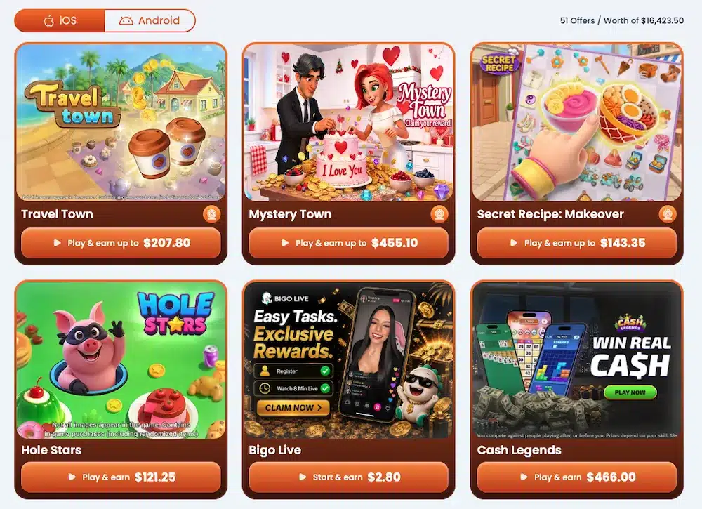 Testerup offer wall showing 51 available offers and their payouts