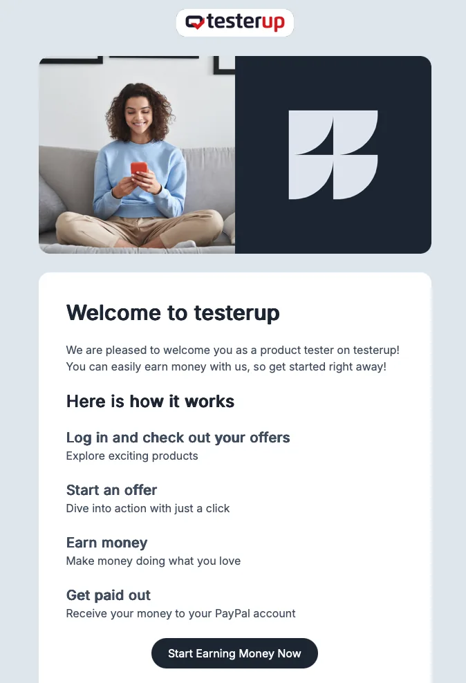 Testerup welcome email explaining how the app works