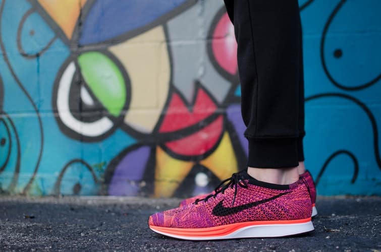A woman that has running shoes on